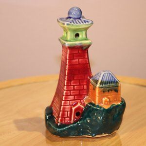 Vintage Japan lighthouse ceramic pagoda top pottery cottage marine green/red